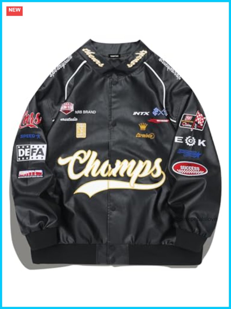 Faux Leather Motocross Racing Varsity Bomber Jacket Oversized Vintage